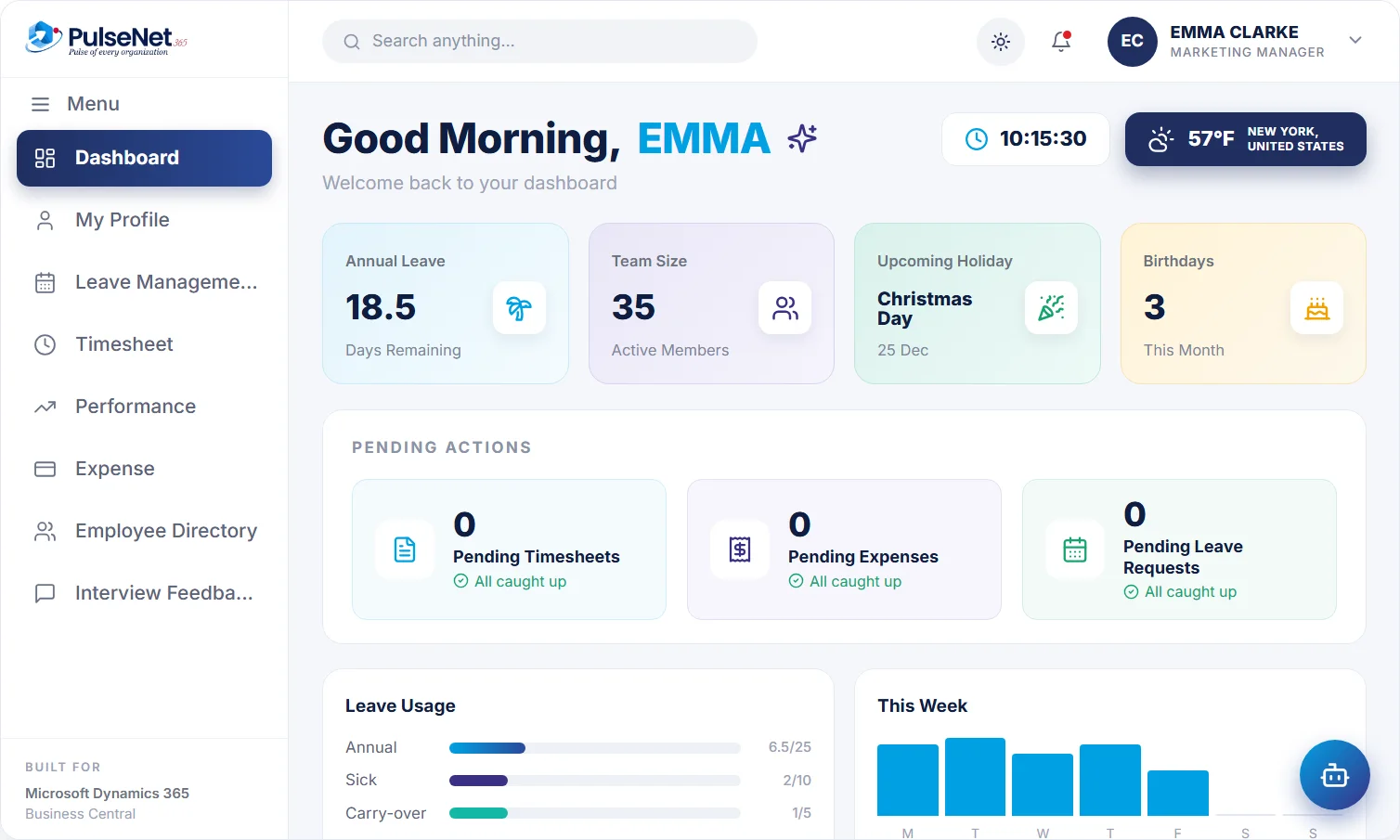 PulseNet365 employee self-service dashboard with sample data
