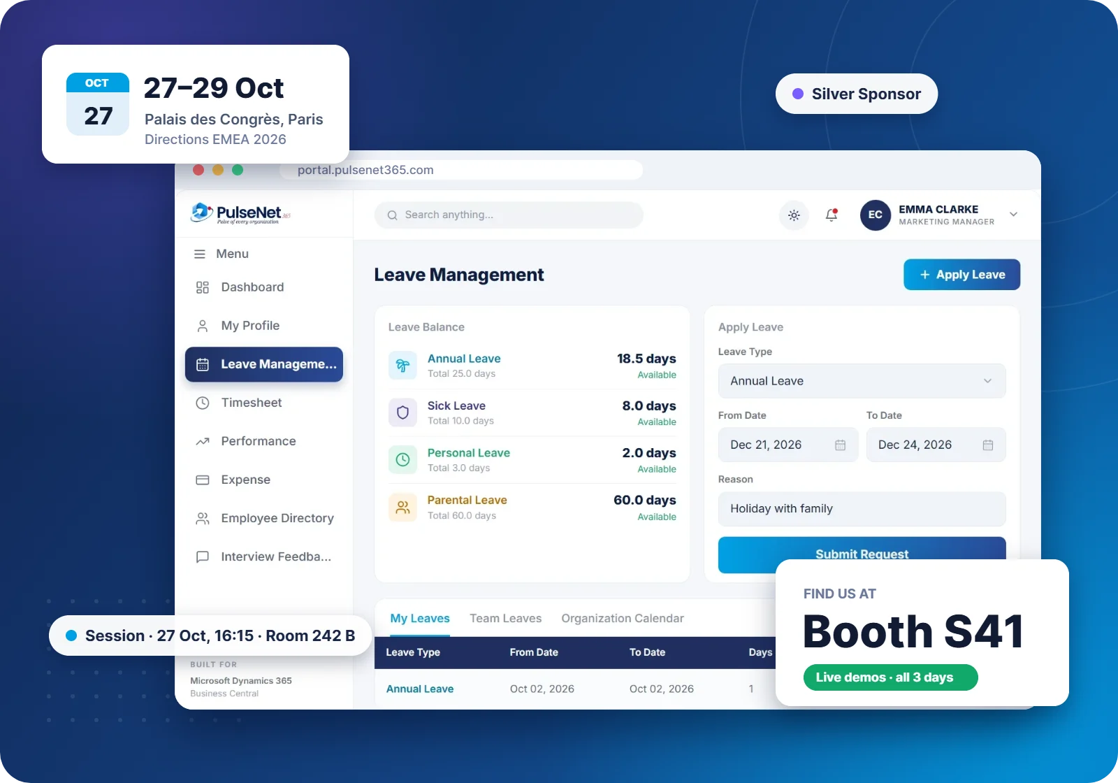 PulseNet365 Leave Management screen on Microsoft Dynamics 365 Business Central with Directions EMEA 2026 details: 27–29 October, Palais des Congrès Paris, Booth S41, session 27 October 16:15 in Room 242 B