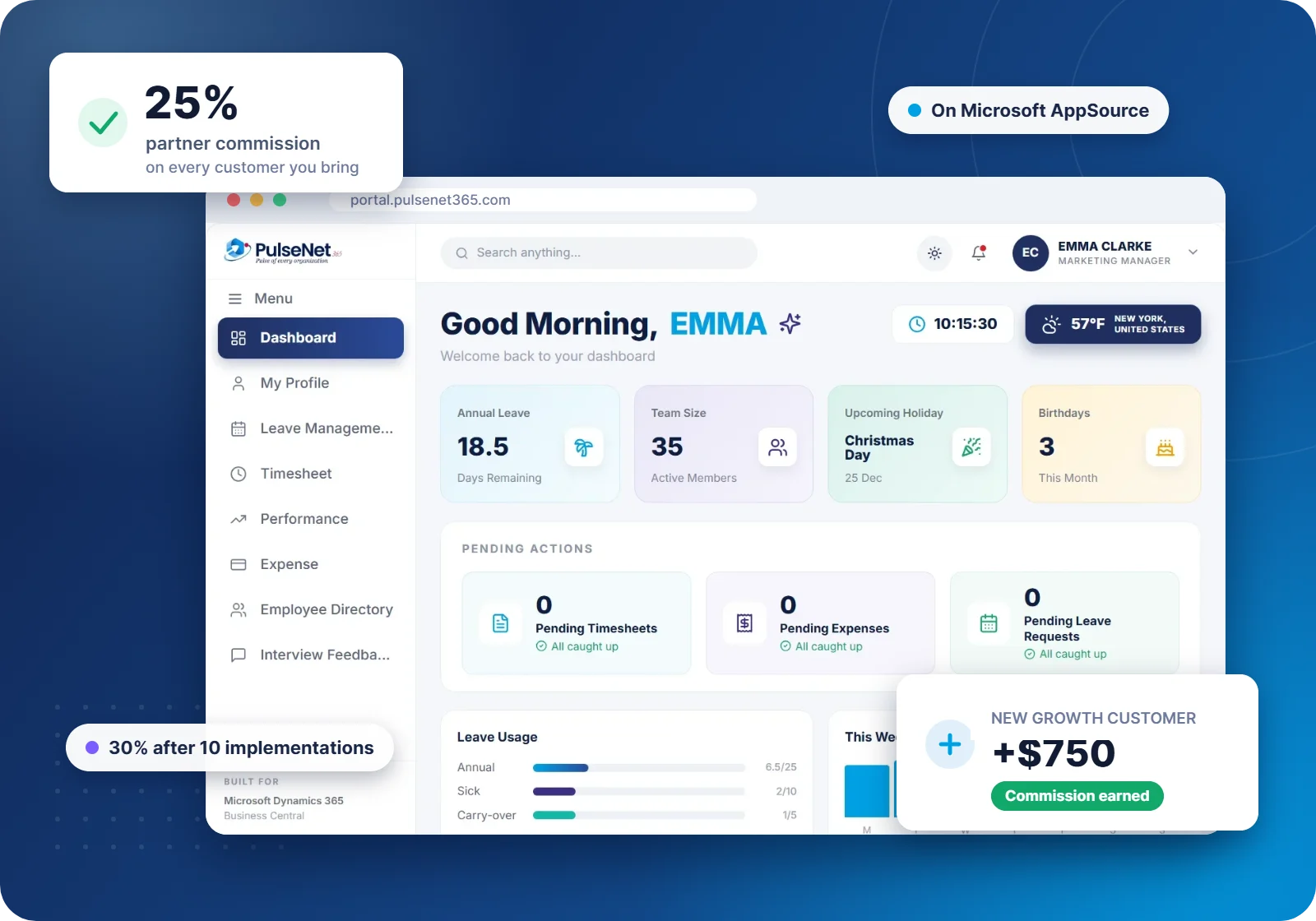 PulseNet365 employee dashboard on Microsoft Dynamics 365 Business Central with partner highlights: 25% commission per customer and 30% after 10 implementations